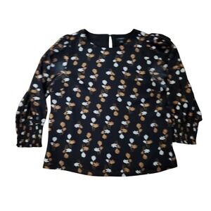 Ann Taylor Factory Womens Black Floral Smocked Cuff 3/4 Sleeve Blouse Medium 137